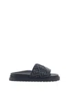Fendi Ff Jacquard Leather Slide Sandals In Nero+ner+grigio Nero