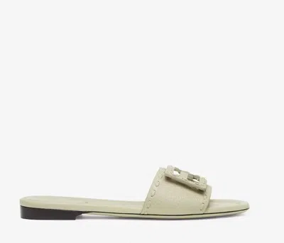Fendi Baguette Ff Leather Buckle Flat Slide Sandals In White
