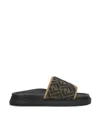 Fendi Brown Ff Jacquard And Beige Leather Slides In Sand+ner+tabacc.black