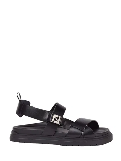 Fendi Ff Leather Sandals In Black