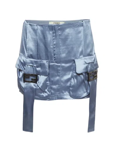 Pre-owned Fendi Satin Cargo Mini Skirt In Blue