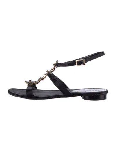 Pre-owned Fendi Satin Crystal Embellishments T-strap Sandals In Black