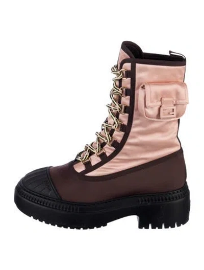Pre-owned Fendi Satin Printed Combat Boots In Pink