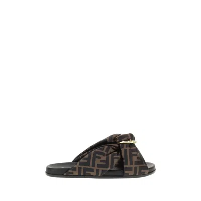 Fendi Satin Slide Sandals In Brown