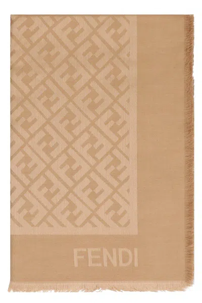 Fendi Scarf Ff In Silk And Wool In Neutral