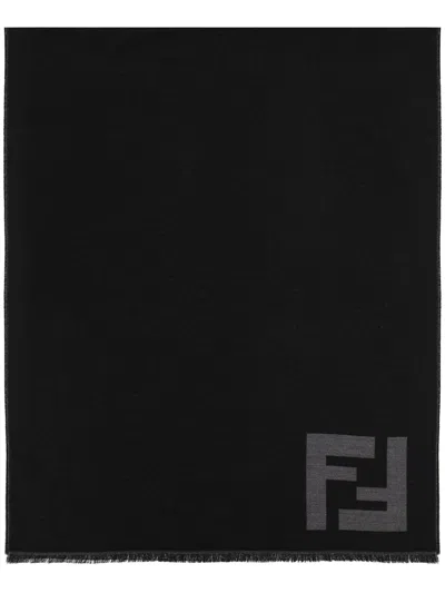 Fendi Bicolore Jacquard Wool Scarf With Macro Ff In Black
