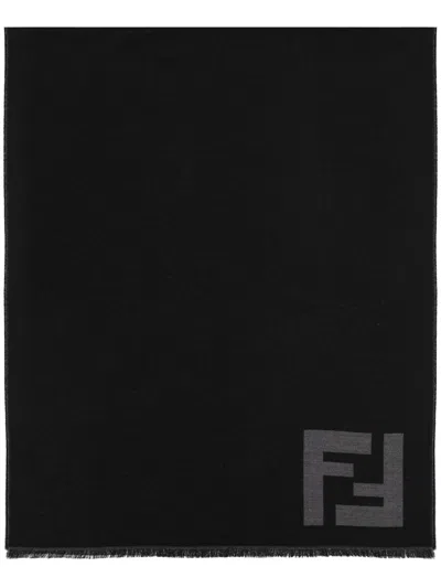 Fendi Bicolore Jacquard Wool Scarf With Macro Ff In Black