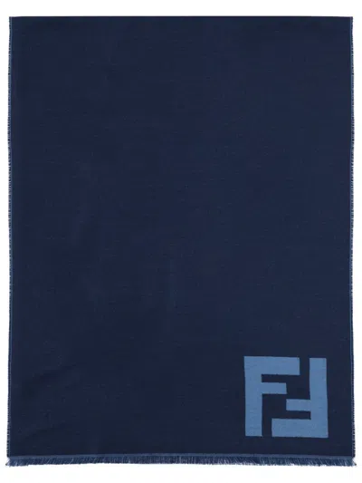 Fendi 70x180 Ff Blue Fleece Wool Scarf
