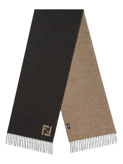 Fendi Wool And Cashmere Scarf With Fringes In Brown