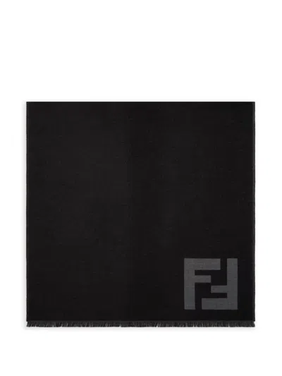 Fendi Bicolore Jacquard Wool Scarf With Macro Ff In Black