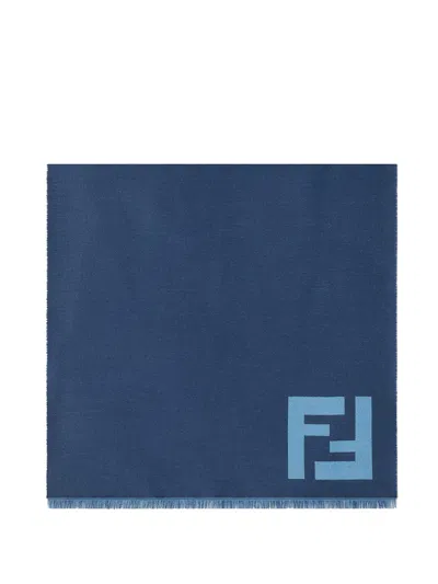 Fendi Bicolore Jacquard Wool Scarf With Macro Ff In Blue