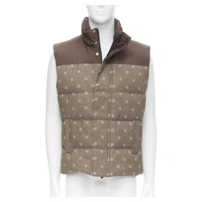 Pre-owned Fendi Script Ff Zucca Monogram Jacquard Cotton Down Puffer Vest Jacket Eu46 In Gray
