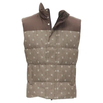 Pre-owned Fendi Script Ff Zucca Monogram Jacquard Cotton Down Puffer Vest Jacket Eu46 In Gray