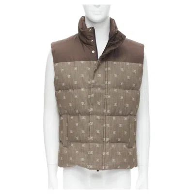 Pre-owned Fendi Script Ff Zucca Monogram Jacquard Cotton Down Puffer Vest Jacket Eu46 In Gray