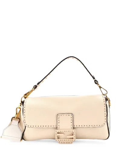 Pre-owned Fendi Selleria Baguette Nm Bag Leather Medium Shoulder Bag In Neutrals