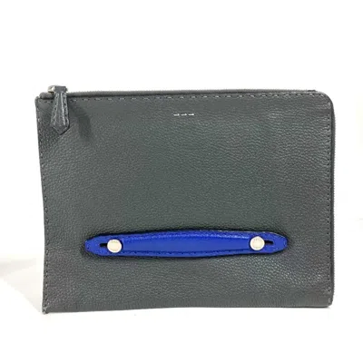Pre-owned Fendi Selleria Black Blue Dark Gray Leather Clutch Bag Pouch ()