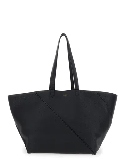 Fendi 'selleria' Black Shopper With Logo On The Front And Removable Pouch In Hammered Leather Man In Multicolor