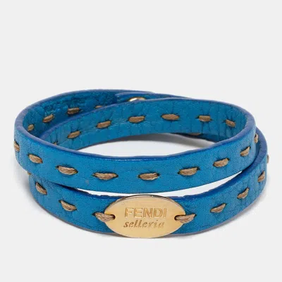 Pre-owned Fendi Selleria Blue Leather Double Wrap Bracelet In Brown