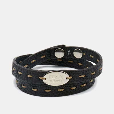 Pre-owned Fendi Selleria Brown Leather Silver Tone Bracelet 7