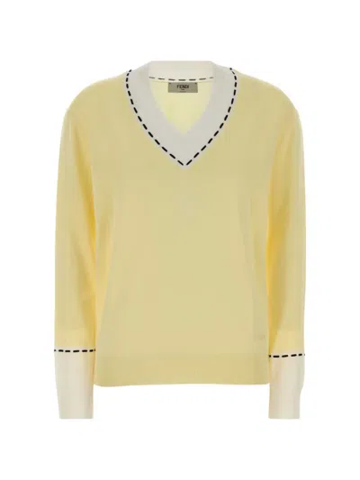 Fendi Selleria Contrast-stitch V-neck Sweater In Yellow