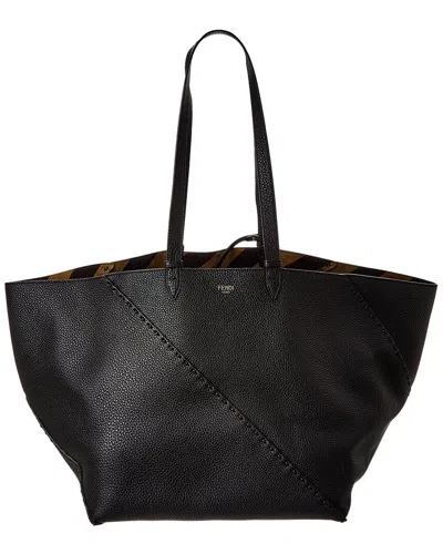 Fendi Selleria Diagonal Leather Shopper Tote In Black