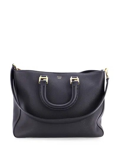 Pre-owned Fendi Selleria Ff Handle Tote Leather Medium Satchel In Black