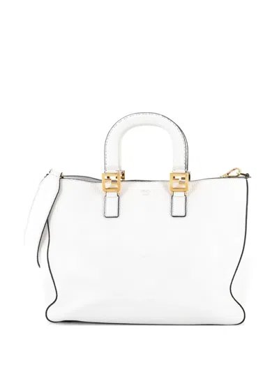 Pre-owned Fendi Selleria Ff Handle Tote Leather Medium Satchel In White