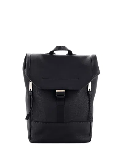 Pre-owned Fendi Selleria Flap Buckle Leather Mediium Backpack In Black