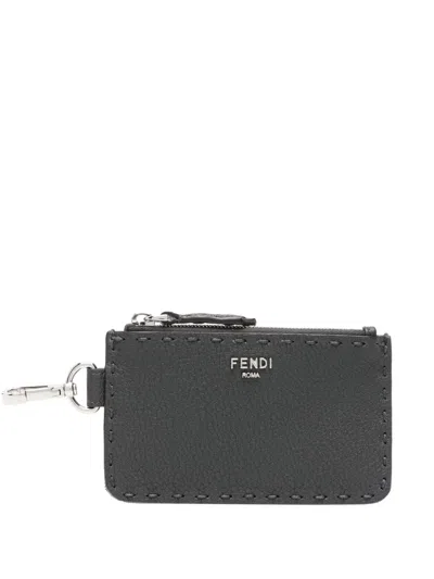 Fendi Selleria Leather Cardholder In Gray