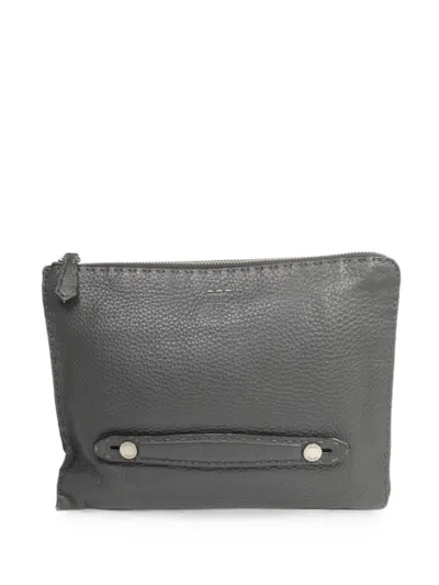 Pre-owned Fendi Selleria Leather Clutch Bag In Gray