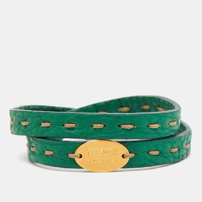 Pre-owned Fendi Selleria Leather Gold Tone Double Wrap Bracelet