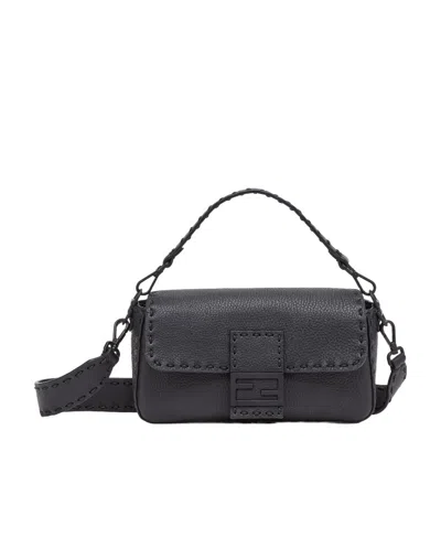 Fendi Men Baguette Leather Shoulder Bag With Selleria Stitchings In Black