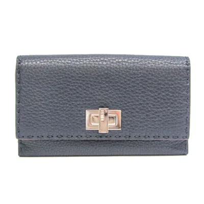 Pre-owned Fendi Selleria Navy Leather Long Wallet (tri-fold) ()