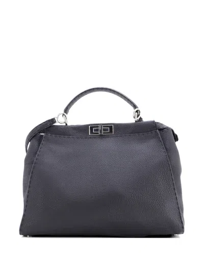 Pre-owned Fendi Selleria Peekaboo Bag Grainy Leather Large Satchel In Black