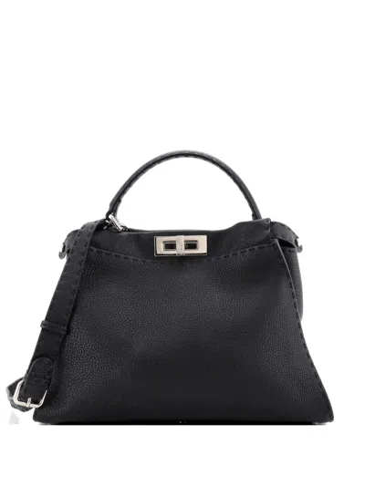 Pre-owned Fendi Selleria Peekaboo Bag Leather Medium Satchel In Black