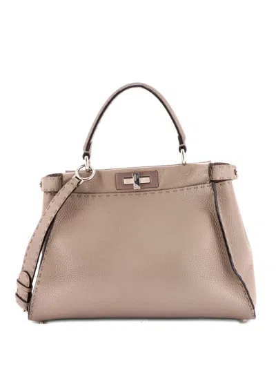 Pre-owned Fendi Selleria Peekaboo Bag Leather Medium Satchel In Gray