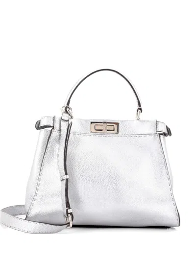 Pre-owned Fendi Selleria Peekaboo Bag Leather Medium Satchel In Silver