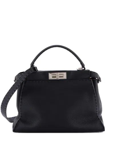Pre-owned Fendi Selleria Peekaboo Bag Rigid Leather Regular Satchel In Black
