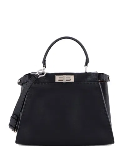 Pre-owned Fendi Selleria Peekaboo Bag Rigid Leather Regular Satchel In Black
