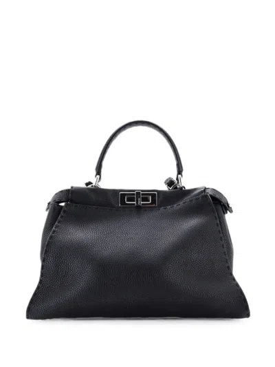 Pre-owned Fendi Selleria Peekaboo Bag Rigid Leather Regular Satchel In Black