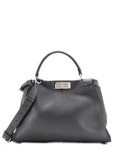 Pre-owned Fendi Selleria Peekaboo Bag Rigid Leather Regular Satchel In Gray
