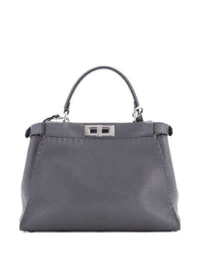 Pre-owned Fendi Selleria Peekaboo Bag Rigid Leather Regular Satchel In Gray