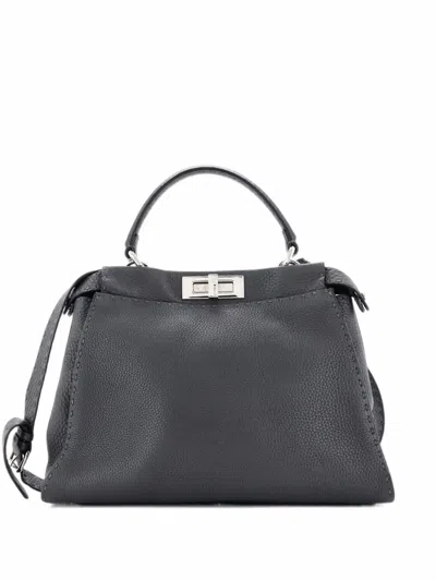 Pre-owned Fendi Selleria Peekaboo Bag Rigid Leather Regular Satchel In Grey