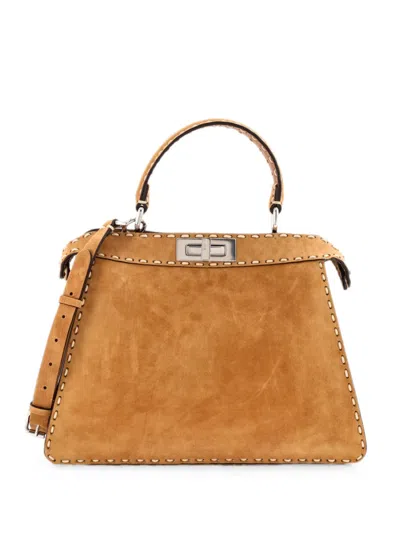 Pre-owned Fendi Selleria Peekaboo Bag Suede Medium Tote Bag In Brown