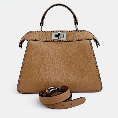 Pre-owned Fendi Selleria Peekaboo I See U Small Beige Leather Handbag In Sand