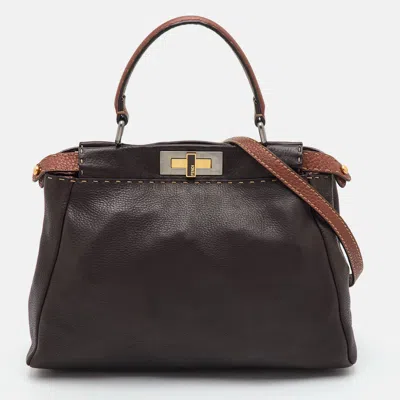 Pre-owned Fendi Selleria Peekaboo Medium Dark Brown Leather Top Handle Bag