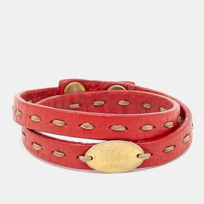 Pre-owned Fendi Selleria Red Leather Gold Tone Double Wrap Bracelet