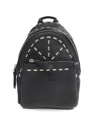 Pre-owned Fendi Selleria Roman Leather Backpack Charm In Black