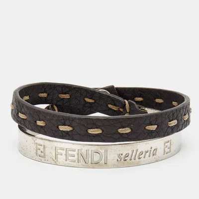 Pre-owned Fendi Selleria Silver Tone Cuff & Metallic Leather Double Wrap Bracelet