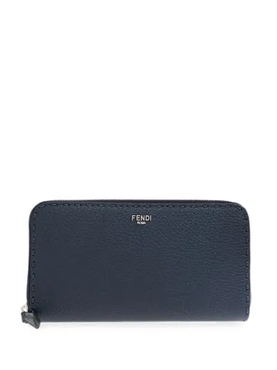 Fendi Selleria Zip-around Pebbled Wallet In Blue